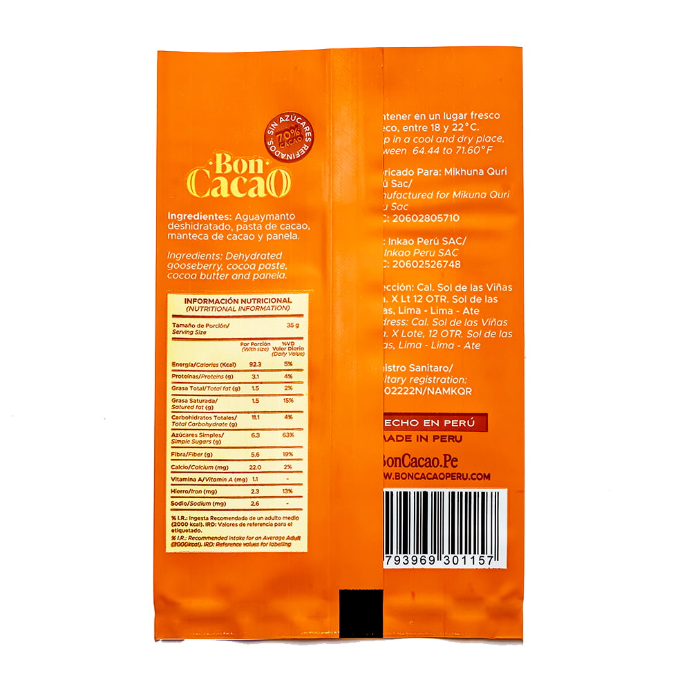 Aguaymanto deshidratado con chocolate al 70% cacao endulzado con panela posterior